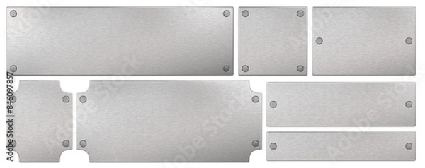 Fototapeta Steel plaque with rivets. Isolated metallic nameboards set. 3D rendering.