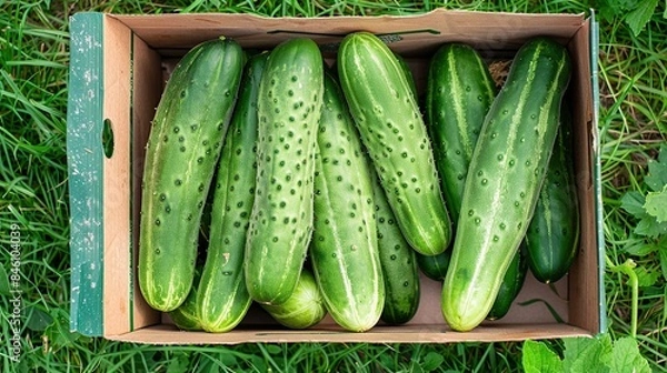 Fototapeta Fresh cucumbers in the box on the green grass. Copy space. Generative Ai