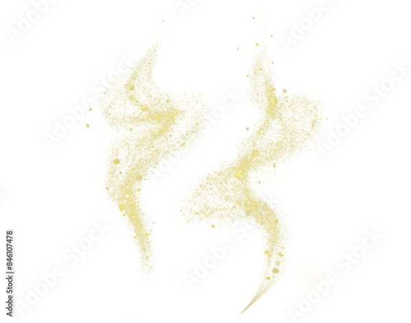 Fototapeta Golden smoke, glistening magic light particles forming an abstract, smoky wave shape on a transparent background.
