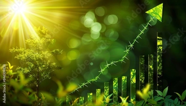 Fototapeta A customized green growth arrow graph on a nature background with a growing tree and sun rays, in the style of a green stock market or business success concept.