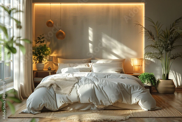 Fototapeta Tranquil minimalist bedroom with hidden storage solutions, soft gray tones, soft morning glow, and crisp linen textures, highlighting simplicity and a serene, clutter-free ambiance.