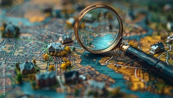 Fototapeta A magnifying glass over small townhouses on top of an aerial map, symbolizing real estate refinement and data analysis in the housing market.