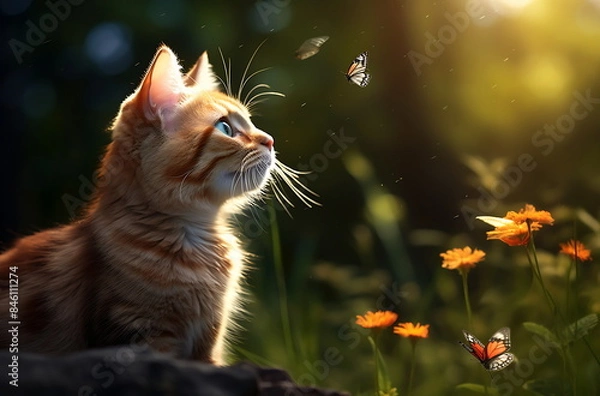 Fototapeta a cat playing with butterflies in the garden. Generative AI