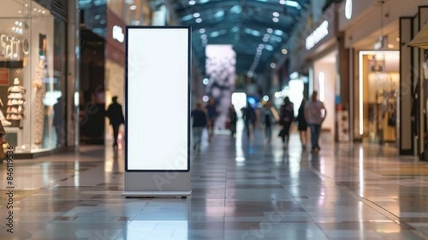 Fototapeta Front view mockup of blank white vertical poster standee in the middle inside shopping mall, blurry background, soft lighting, daylight