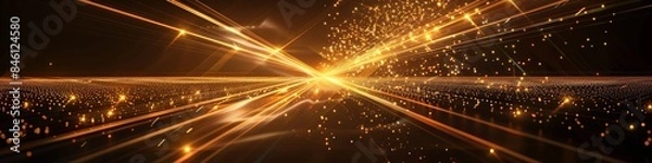 Fototapeta A black background with gold light in the shape of an x made with fiber optic cables. 