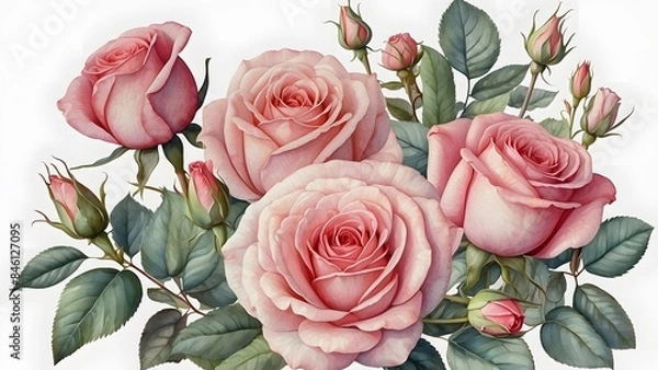 Fototapeta An exquisite bunch of pink roses rendered in delicate watercolor, creating a romantic vibe