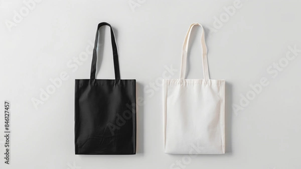 Fototapeta Canvas bag. mockup of fabric tote. Cloth totebag with handle. template of black and white cotton eco bag. Reusable tote for shopping. Blank mock for shopper. Ecobag for grocery