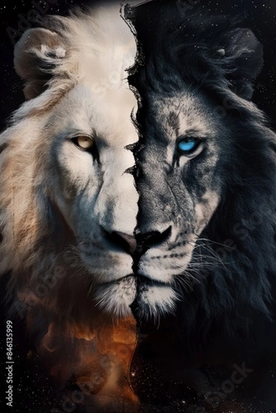 Fototapeta lion face split between black and white