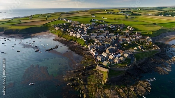Fototapeta Aerial landscape panorama directly above the Northumberland fishing village of Craster which is famous for its smoked kippers : Generative AI