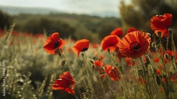 Fototapeta Landscape of a wonderful Red poppies flower field Nature concept : Generative AI
