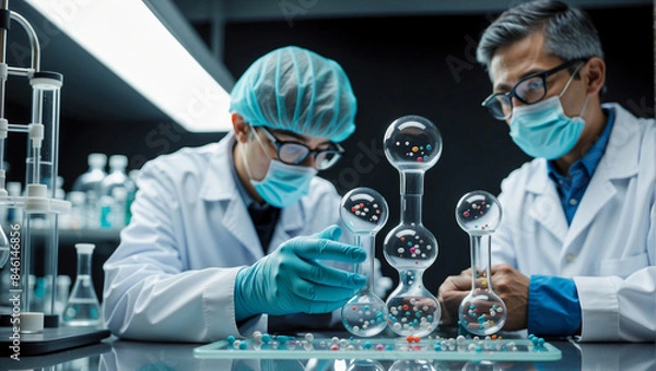 Fototapeta Breakthroughs in Scientific Inquiry: Exploring Molecule Models, DNA, Human Biology, Genetic Research, and Biotechnology in Laboratory Settings