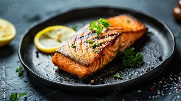 Fototapeta Grilled salmon steak with lemon on a dark plate