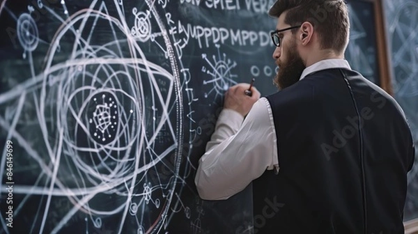 Fototapeta Physicist writing about quantum superposition and spiritual duality on a chalkboard, deep concentration