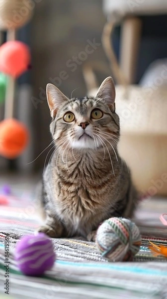 Fototapeta cute cat lying with its toys