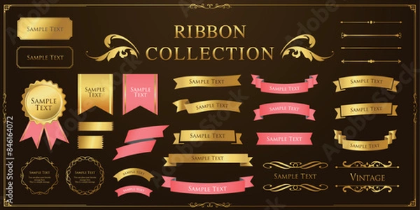 Fototapeta リボンの装飾デザインセットとアンティークな罫線やフレームデザイン
