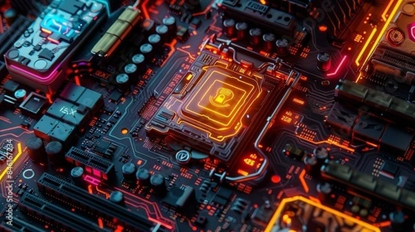 Fototapeta Secure connection or cybersecurity service concept of compute motherboard closeup and safety lock with login and connecting verified credentials as wide banner design - Generative AI - 15
