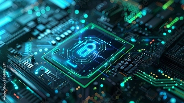 Fototapeta Secure connection or cybersecurity service concept of compute motherboard closeup and safety lock with login and connecting verified credentials as wide banner design - Generative AI - 17