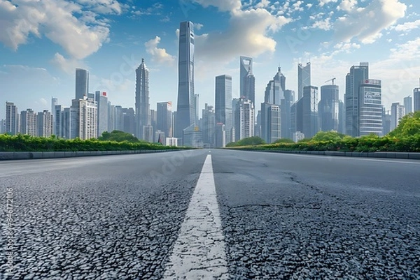 Fototapeta Asphalt highway and skyline with modern buildings 