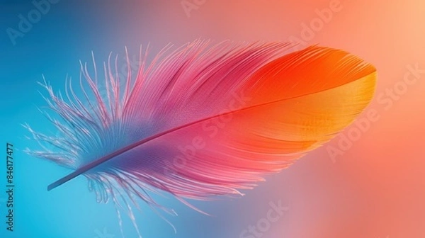 Fototapeta A colorful bird feather gracefully floats through the air a soft gradient background. Aesthetic design. Generative AI