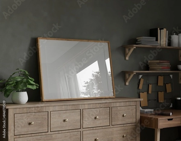 Fototapeta Frame interior, mockup frame, poster wood frame horizontal empty picture interior close up, work desk table dark home room in illustration 3d rendering