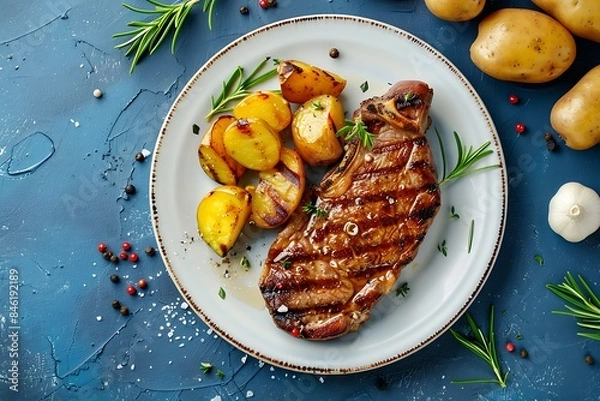 Fototapeta top view of pork steak with potatoes on a plate on a blue concrete background 