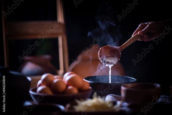 Fototapeta A porridge shop at night on the side of the road as the cook uses a wooden ladle to scoop porridge into a wooden bowl in a retro style. There were eggs and sliced ​​ginger placed on the table.