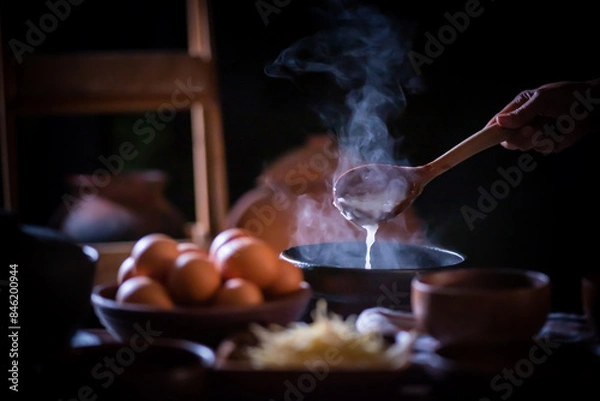Fototapeta A porridge shop at night on the side of the road as the cook uses a wooden ladle to scoop porridge into a wooden bowl in a retro style. There were eggs and sliced ​​ginger placed on the table.