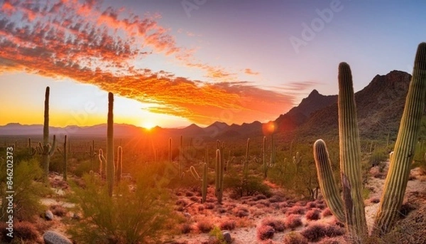 Obraz  A beautiful sunset over the Arizona desert with cacti and mountains in the background, vivid 