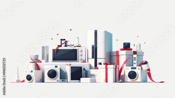 Obraz Set of home appliances with red gift ribbon isolated on white background, in the style of a 