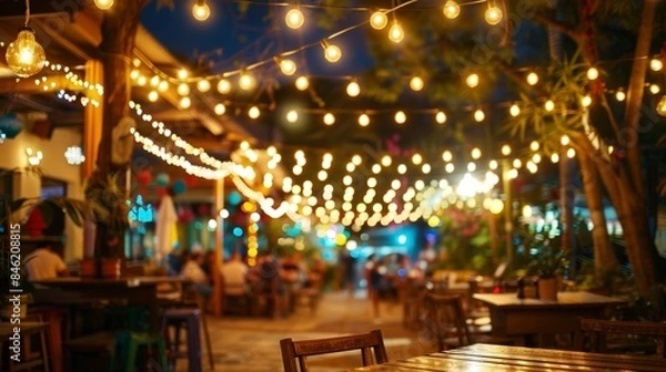 Fototapeta The warm glow of string lights illuminates the outdoor dining area as salsa enthusiasts indulge in a mix of Mexican and Caribbean flavors under the starry sky.