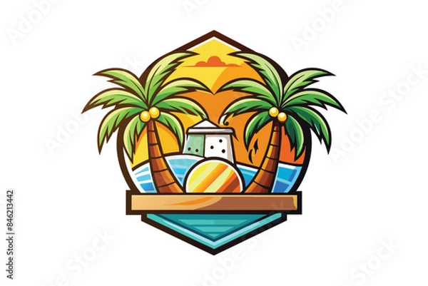Fototapeta Exotic Beach Sunset Logo with Palm Trees and Lighthouse Vector Illustration