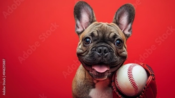 Fototapeta A cute French Bulldog is holding a baseball in its mouth. It is looking at the camera with a happy expression on its face. The background is red.