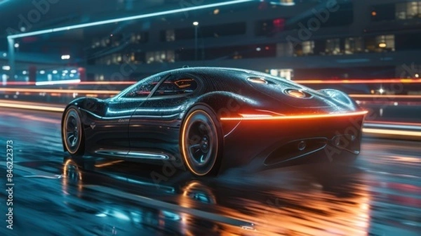 Fototapeta Autonomous Luxury Sports EV on Highway - Futuristic Fast Vehicle with Full Self-Driving System for Transportation Autonomy Concepts - Wide Banner with Copy Space