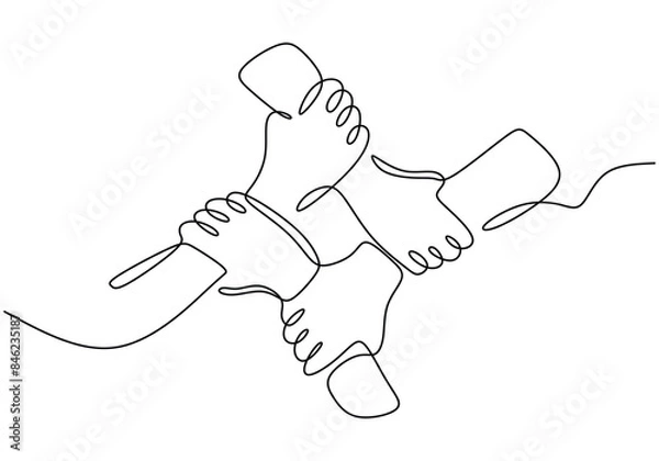 Fototapeta People unite their hands together continuous line drawing isolated background for Teamwork concept.