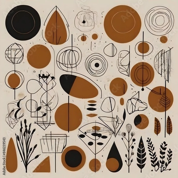 Fototapeta Modern mid century elements vector illustrations set. Aesthetic contemporary line art with geometric organic shapes in earth colors. Abstract design for print, poster, wallpaper Generative AI 