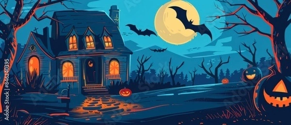 Fototapeta Washed house with eerie moonlight, carved pumpkin, bat shadow overhead, horror illustration, copy space