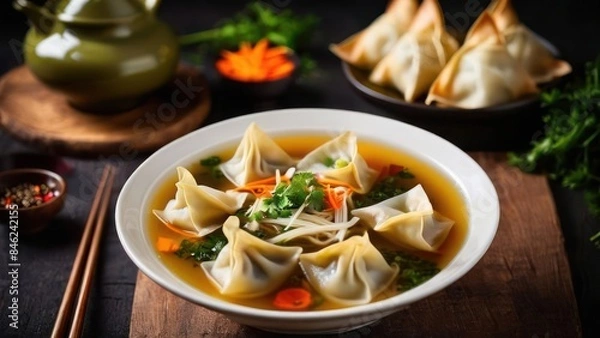 Fototapeta A Minimalist Feast, Herbed Dumpling Soup with Accompanying Tea and Sauces