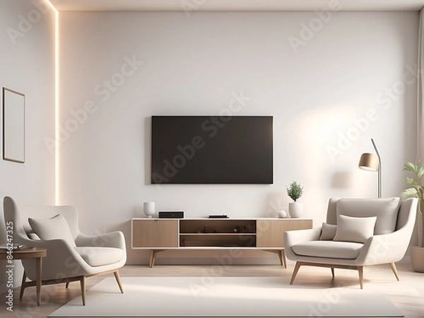 Obraz  Mockup of a TV wall mounted with an armchair in the living room with a white wall design. 