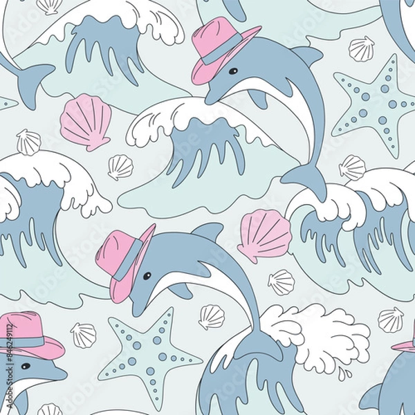 Fototapeta Howdy dolphin jumping in waves vector seamless pattern. Ocean western background.