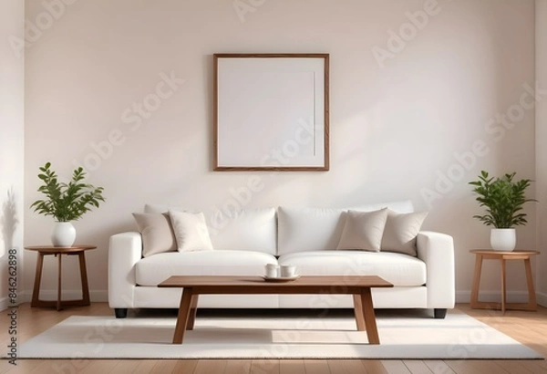 Fototapeta Interior living room with sofa and photo frame. 3D rendering