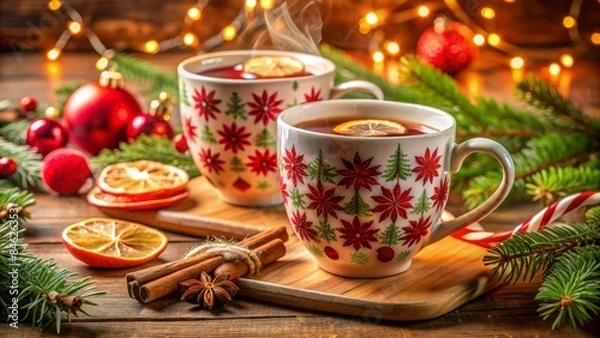 Fototapeta Cozy Christmas Cheer With Steaming Hot Drinks In Festive Mugs, Perfect For Warming Up Winter Nights.