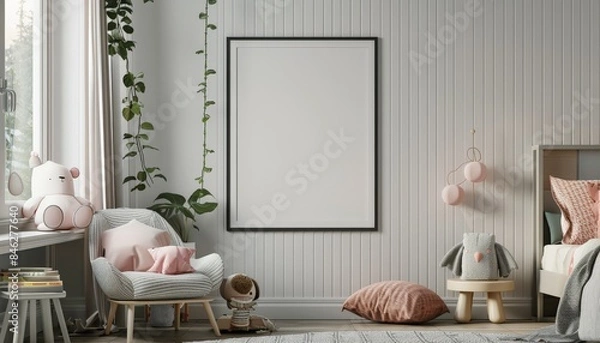 Fototapeta Sleek Kids' Bedroom Design with Mock-Up Poster and Playful Tones