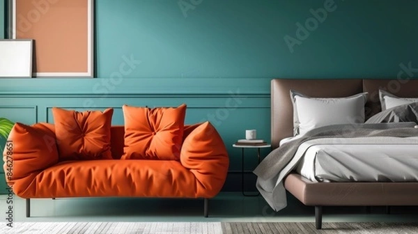 Fototapeta A bright orange AI-controlled sofa next to a sleek modern bed against a teal wall, injecting energy and style into the bedroom