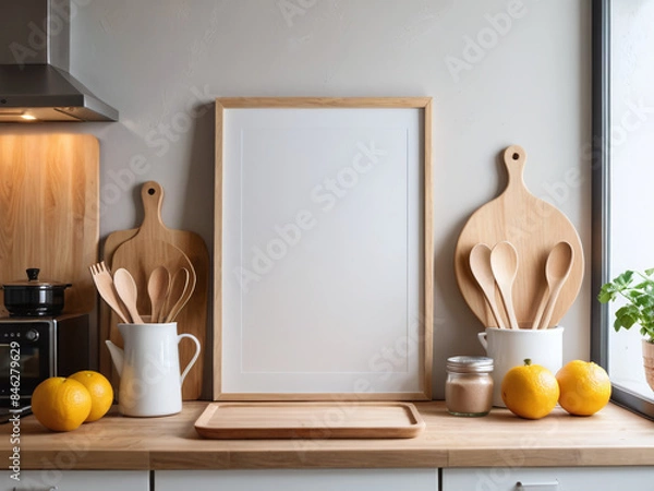 Obraz Blank frame mockup light wood DIN A 4 in kitchen food on mockup vertical frame mockup scandinavian interior