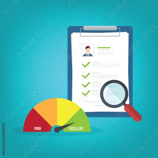 Fototapeta Credit score. Credit report document. Personal performance rating or customer feedback.	