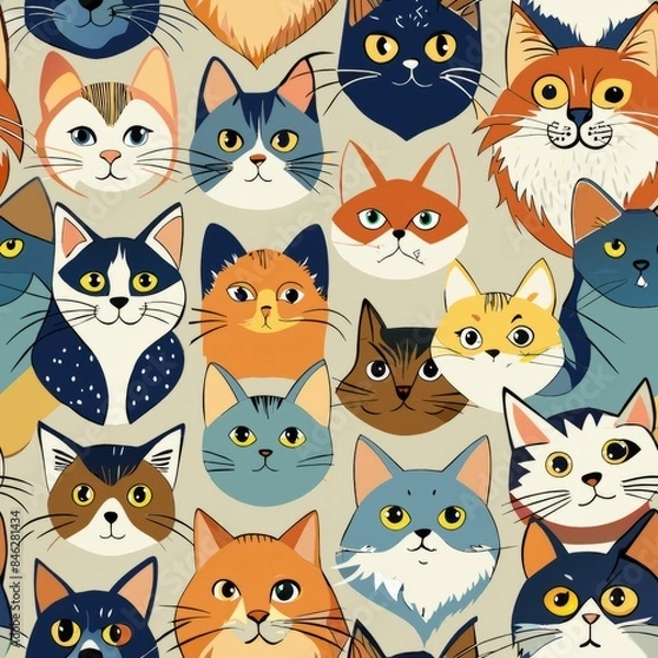 Fototapeta Seamless pattern of cats in different breeds and colors, showcasing a variety of fur patterns and unique markings, Generative AI