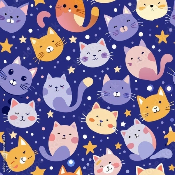 Fototapeta Seamless pattern of cats with little stars and moon elements around them, creating a dreamy night-time theme with sleeping and awake cats, Generative AI
