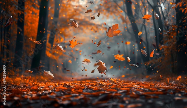 Fototapeta Autumn yellow leaves swirling in the wind against the backdrop of a fall forest on a sunny afternoon