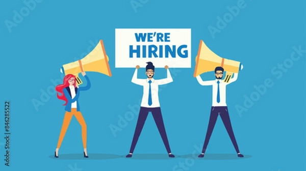 Fototapeta HR recruiting announcement we are hiring advertisement, human resources or employer looking for candidate for job vacancy concept, business people HR with megaphone holding we are hiring sign. Design 