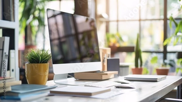 Obraz : A professional workspace with neatly arranged stationery and a computer.